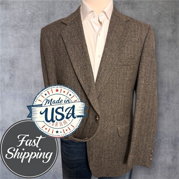 Vintage TWEED WOOL Mens Blazer 44R Sport Coat Jacket Brown Herringbone USA Made - Picture 1 of 14